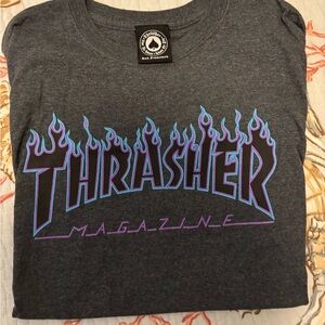 Thrasher Gray Tee with Purple and Blue Flames